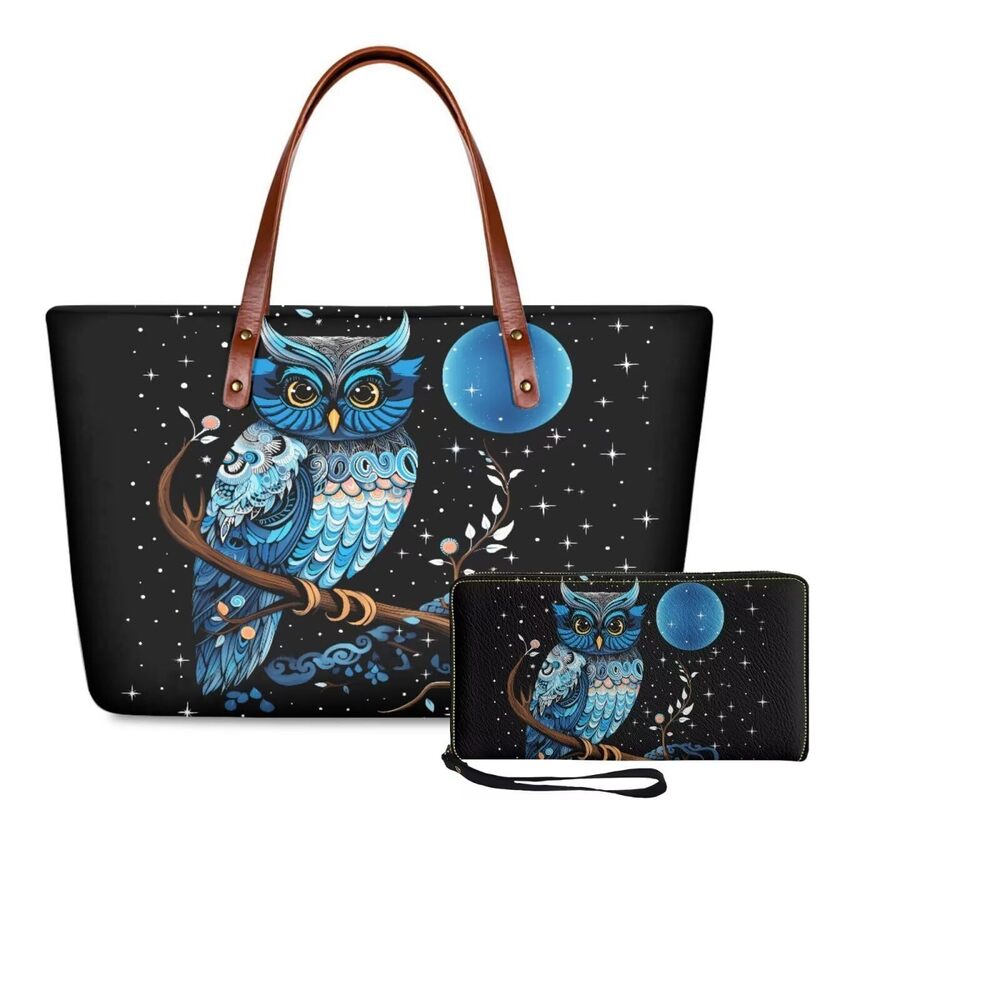 9989 Owl Print Purse and Wallet, Large Hand Bags Purses Sets , Lightweight
